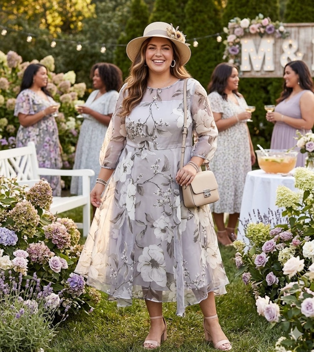 Floral Organza Fit & Flare Dress Garden Party Cottagecore Pastel Plus XXL